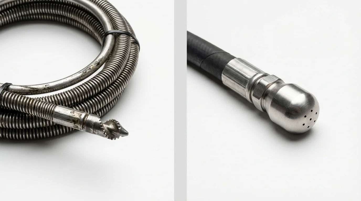 Drain snake cable and hydro jetting nozzle used for drain cleaning in Blue Mound, IL