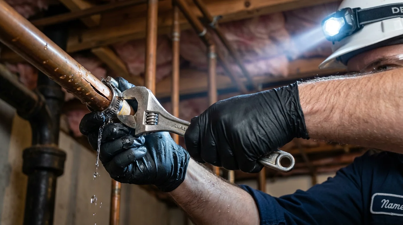 Emergency pipe clamp repair being performed by a Johns Plumbing LLC plumber in Blue Mound