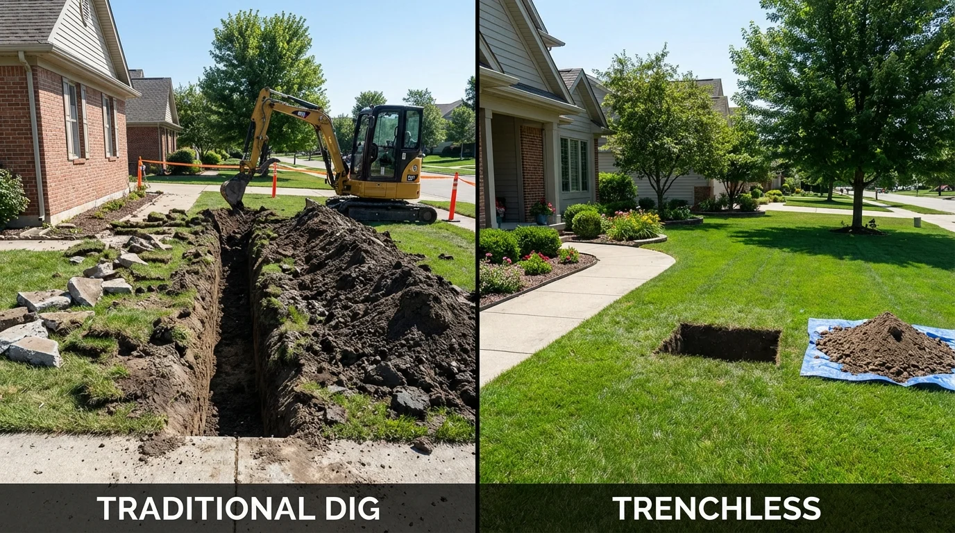 Trenchless sewer repair with minimal yard damage versus traditional excavation in Blue Mound, IL