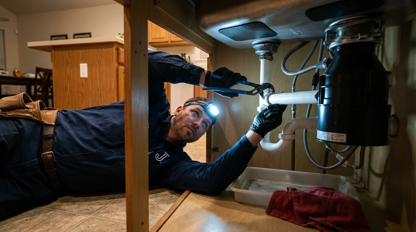 P-trap and supply line connections under a kitchen sink showing a common leak point in Blue Mound, IL